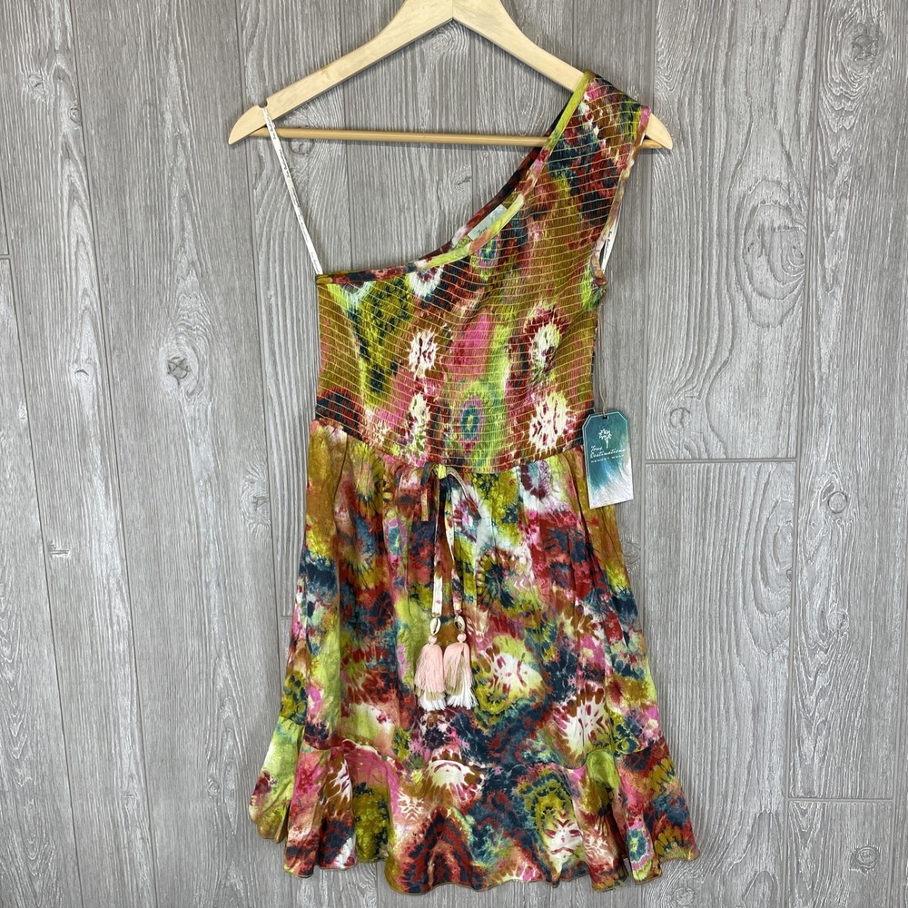 NEW True Destinations Dress‎ Womens Small Multi Tie Dye Smocked Tropical Beach